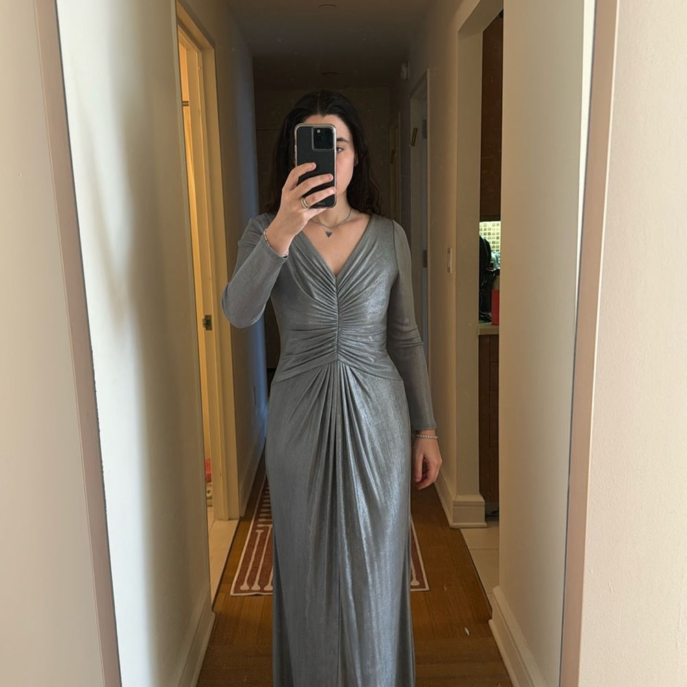 Adriana Papell long sleeve teal dress with center detail
